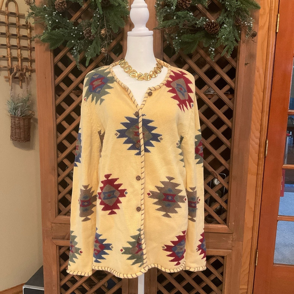 Vintage CJ Banks Womens 1X Yellow Southwestern Aztec print cardigan - Picture 1 of 6